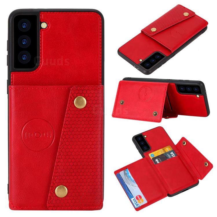 Retro Multifunction Card Slots Stand Leather Coated Phone Back Cover for Samsung Galaxy S21 Plus - Red