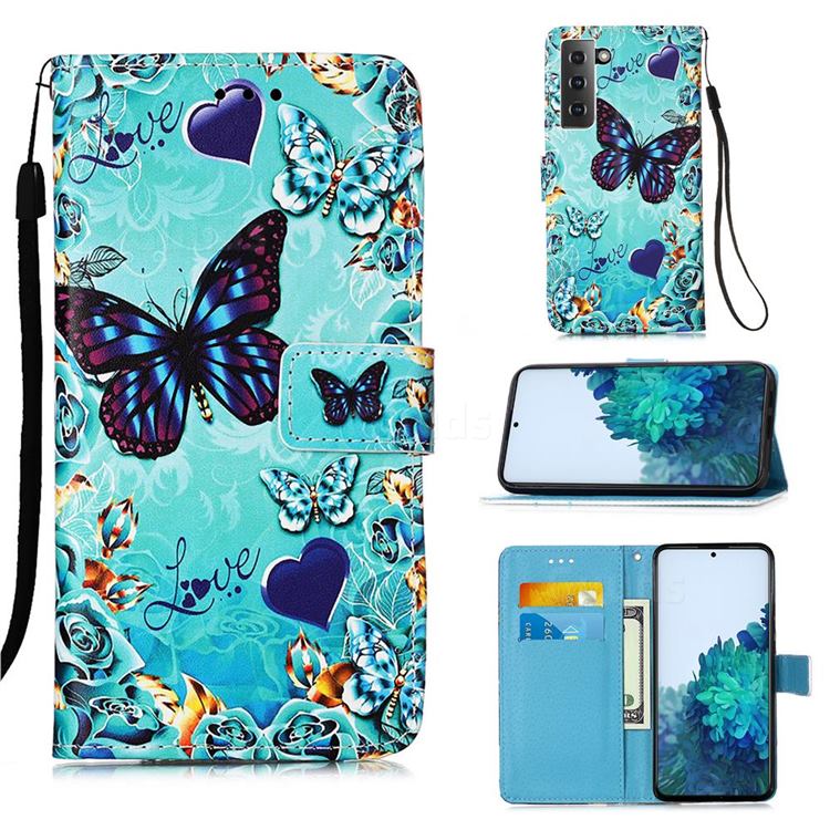 Love Butterfly Matte Leather Wallet Phone Case for Samsung Galaxy S21 Plus