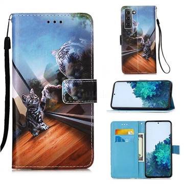 Mirror Cat Matte Leather Wallet Phone Case for Samsung Galaxy S21 Plus