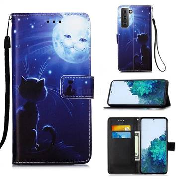 Cat and Moon Matte Leather Wallet Phone Case for Samsung Galaxy S21 Plus