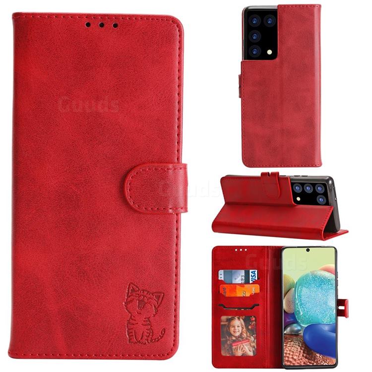 Embossing Happy Cat Leather Wallet Case for Samsung Galaxy S21 Plus - Red