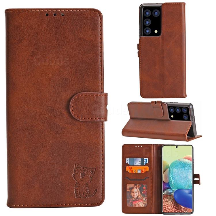 Embossing Happy Cat Leather Wallet Case for Samsung Galaxy S21 Plus - Brown