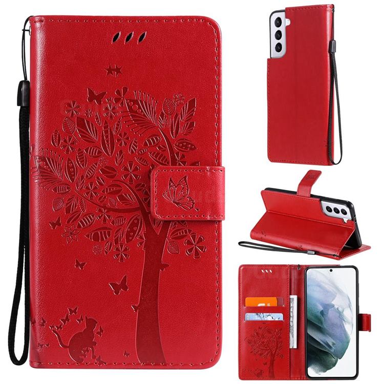 Embossing Butterfly Tree Leather Wallet Case for Samsung Galaxy S21 Plus - Red