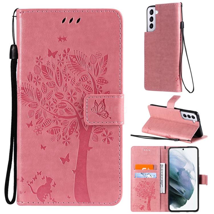 Embossing Butterfly Tree Leather Wallet Case for Samsung Galaxy S21 Plus - Pink