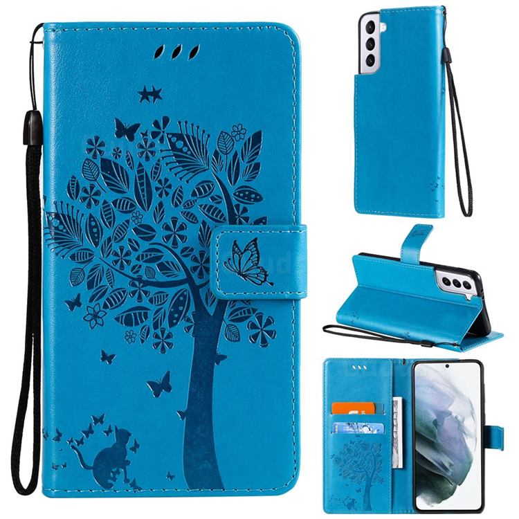 Embossing Butterfly Tree Leather Wallet Case for Samsung Galaxy S21 Plus - Blue