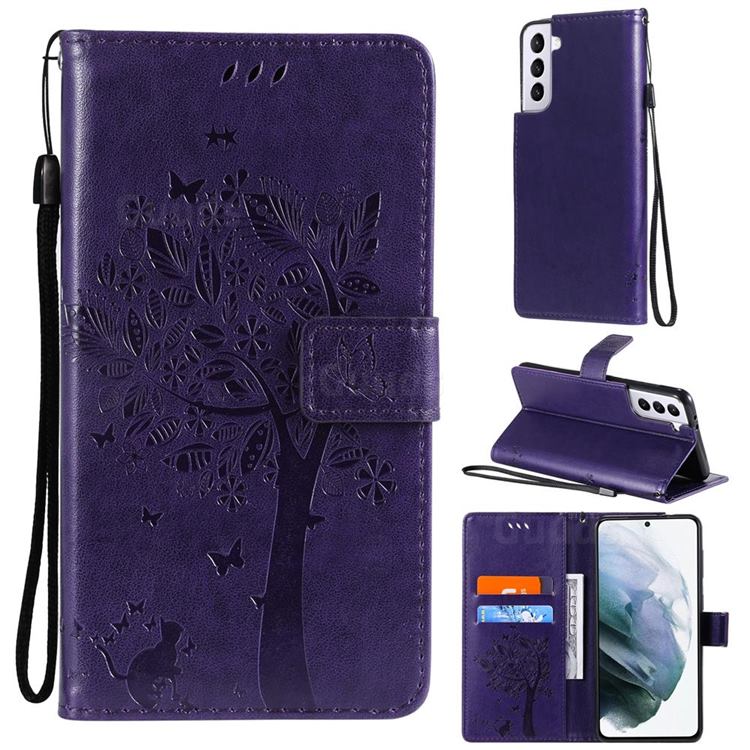 Embossing Butterfly Tree Leather Wallet Case for Samsung Galaxy S21 Plus - Purple