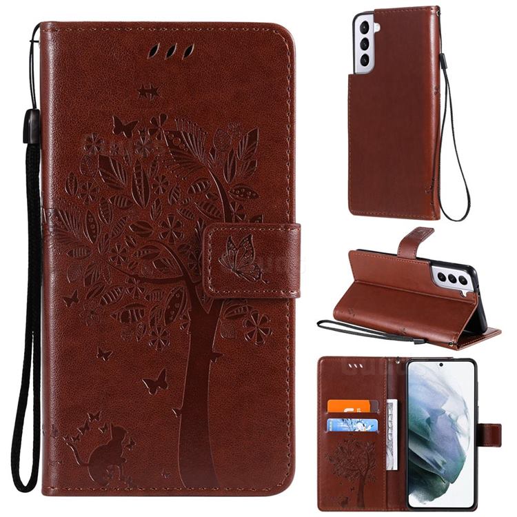 Embossing Butterfly Tree Leather Wallet Case for Samsung Galaxy S21 Plus - Coffee
