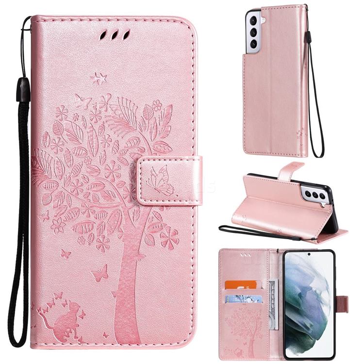 Embossing Butterfly Tree Leather Wallet Case for Samsung Galaxy S21 Plus - Rose Pink