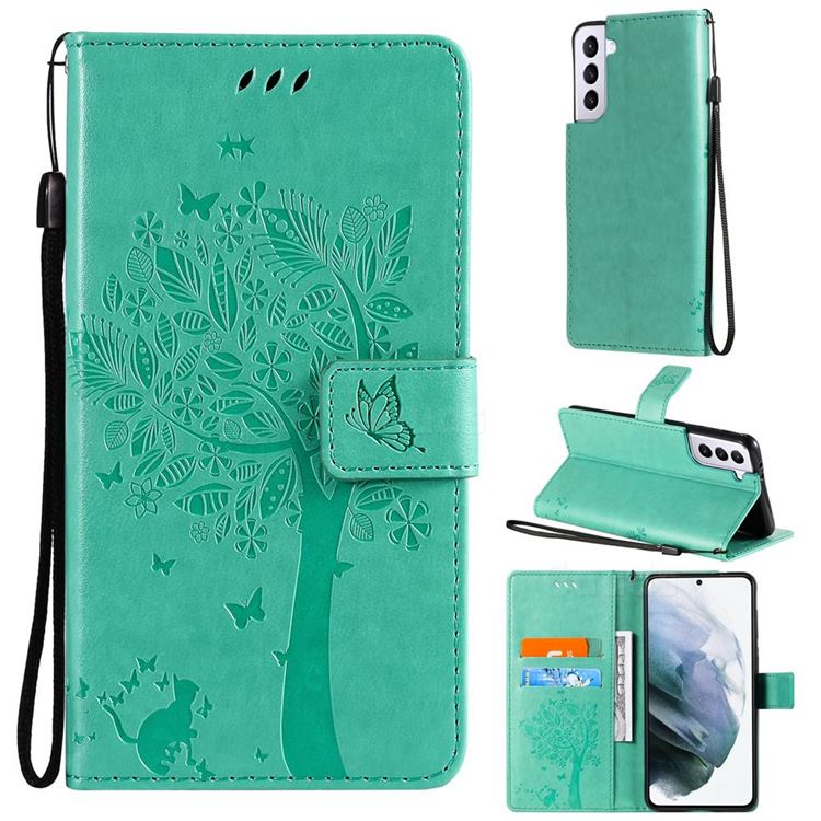 Embossing Butterfly Tree Leather Wallet Case for Samsung Galaxy S21 Plus - Cyan