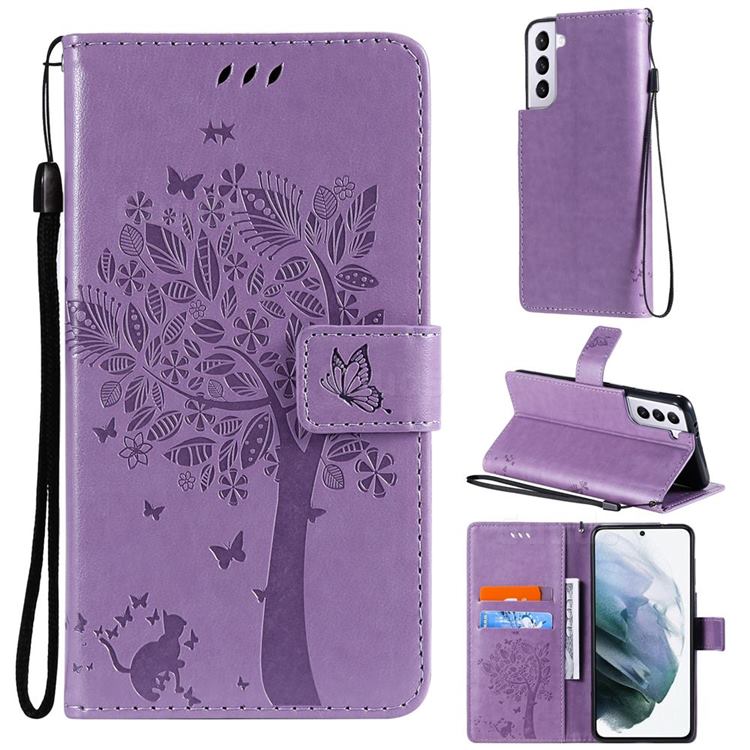 Embossing Butterfly Tree Leather Wallet Case for Samsung Galaxy S21 Plus - Violet