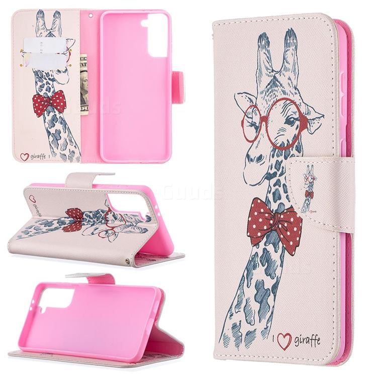 Glasses Giraffe Leather Wallet Case for Samsung Galaxy S21 Plus