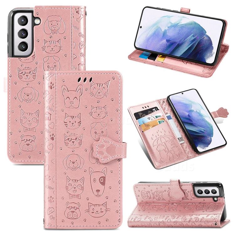 Embossing Dog Paw Kitten and Puppy Leather Wallet Case for Samsung Galaxy S21 Plus - Rose Gold