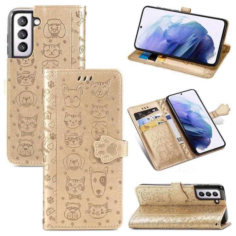 Embossing Dog Paw Kitten and Puppy Leather Wallet Case for Samsung Galaxy S21 Plus - Champagne Gold