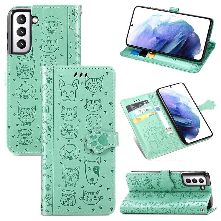 Embossing Dog Paw Kitten and Puppy Leather Wallet Case for Samsung Galaxy S21 Plus - Green