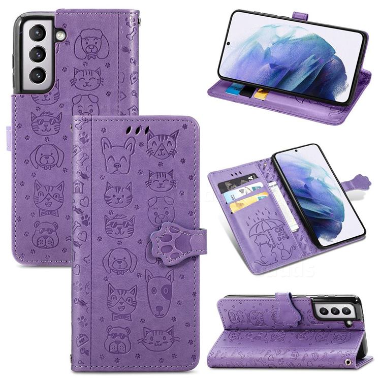 Embossing Dog Paw Kitten and Puppy Leather Wallet Case for Samsung Galaxy S21 Plus - Purple