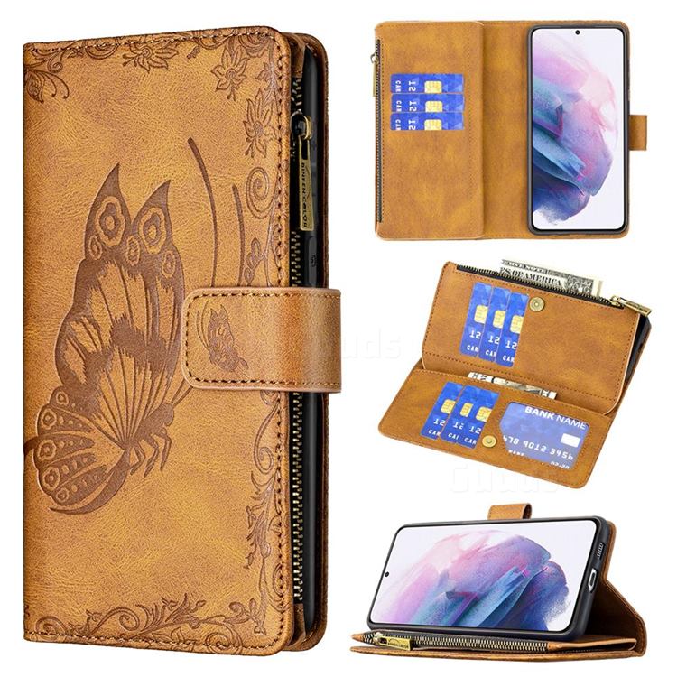 Binfen Color Imprint Vivid Butterfly Buckle Zipper Multi-function Leather Phone Wallet for Samsung Galaxy S21 Plus - Brown