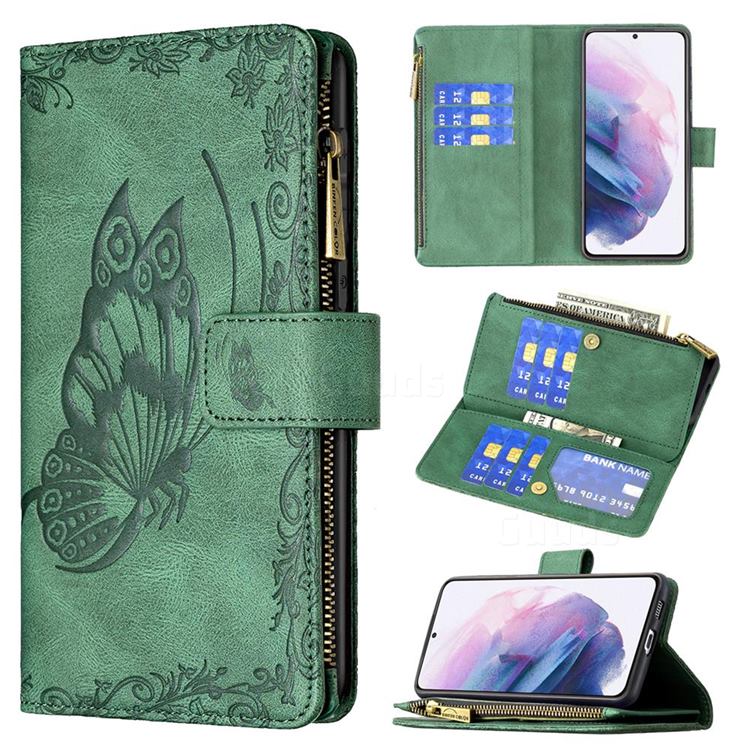 Binfen Color Imprint Vivid Butterfly Buckle Zipper Multi-function Leather Phone Wallet for Samsung Galaxy S21 Plus - Green