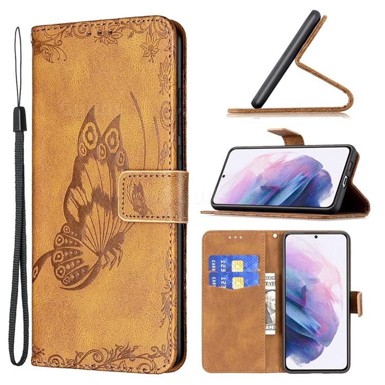 Binfen Color Imprint Vivid Butterfly Leather Wallet Case for Samsung Galaxy S21 Plus - Brown