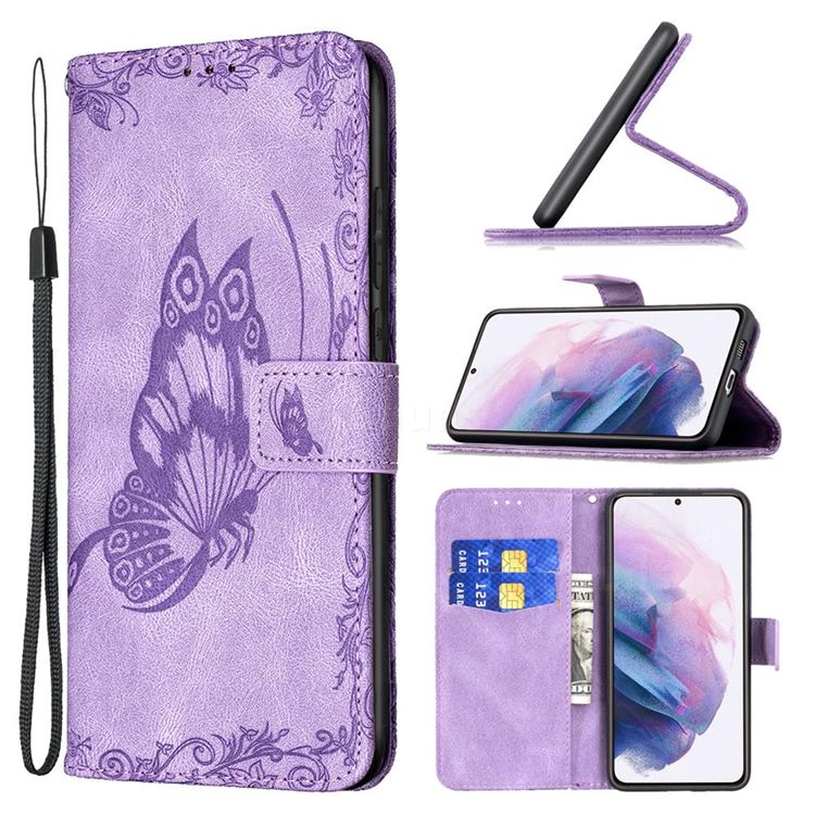 Binfen Color Imprint Vivid Butterfly Leather Wallet Case for Samsung Galaxy S21 Plus - Purple