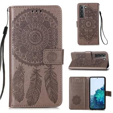 Embossing Dream Catcher Mandala Flower Leather Wallet Case for Samsung Galaxy S21 Plus - Gray
