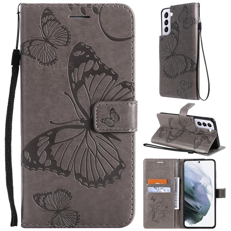 Embossing 3D Butterfly Leather Wallet Case for Samsung Galaxy S21 Plus - Gray