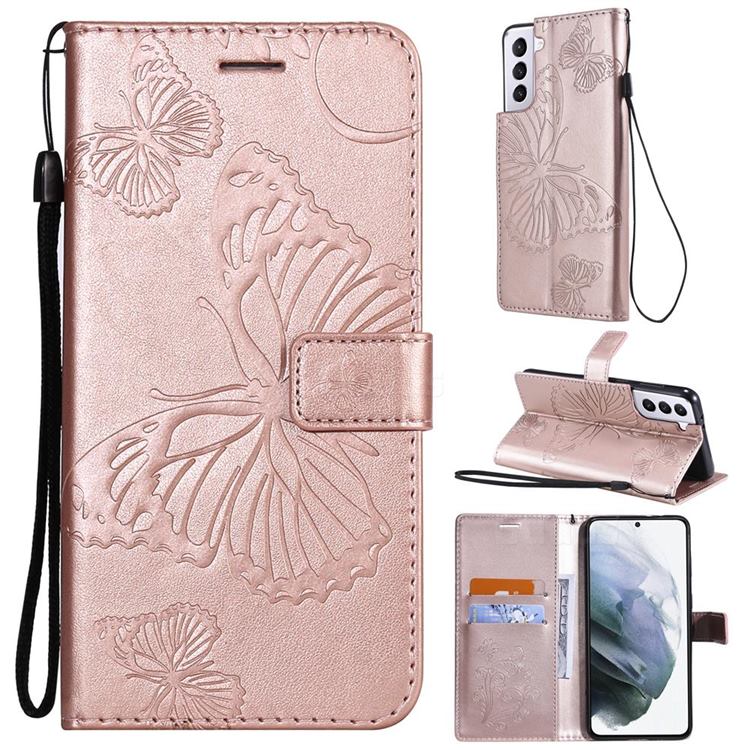 Embossing 3D Butterfly Leather Wallet Case for Samsung Galaxy S21 Plus - Rose Gold
