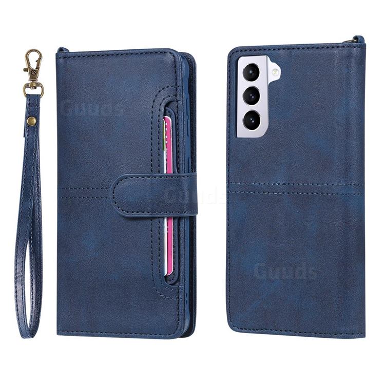Retro Multi-functional Detachable Leather Wallet Phone Case for Samsung Galaxy S21 Plus - Blue