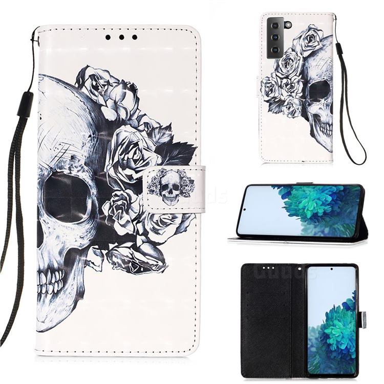 Skull Flower 3D Painted Leather Wallet Case for Samsung Galaxy S21 Plus
