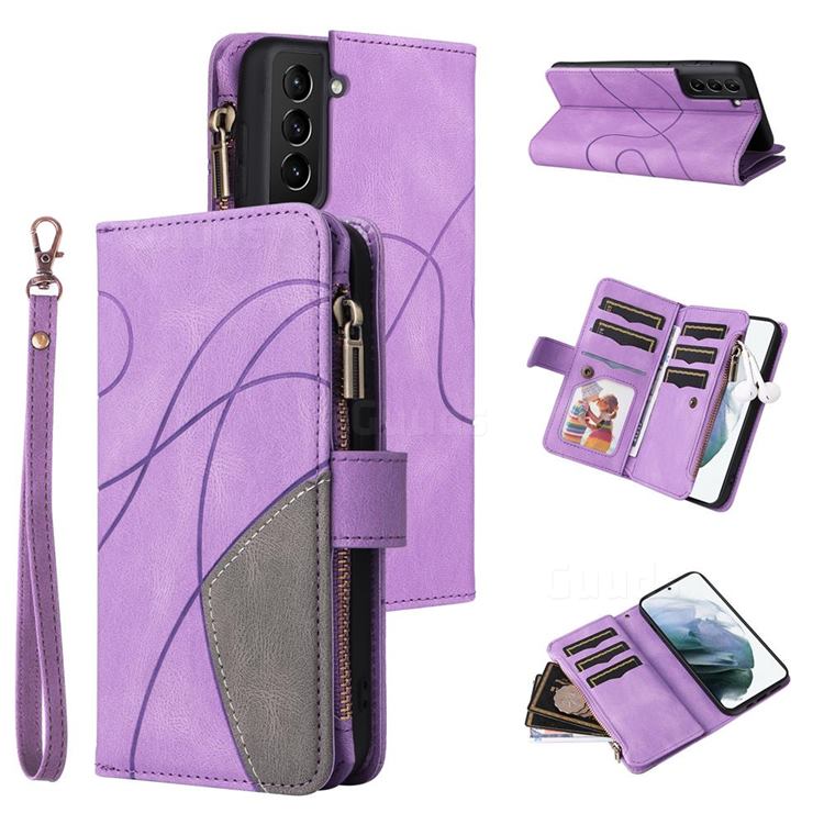 Luxury Two-color Stitching Multi-function Zipper Leather Wallet Case Cover for Samsung Galaxy S21 Plus - Purple