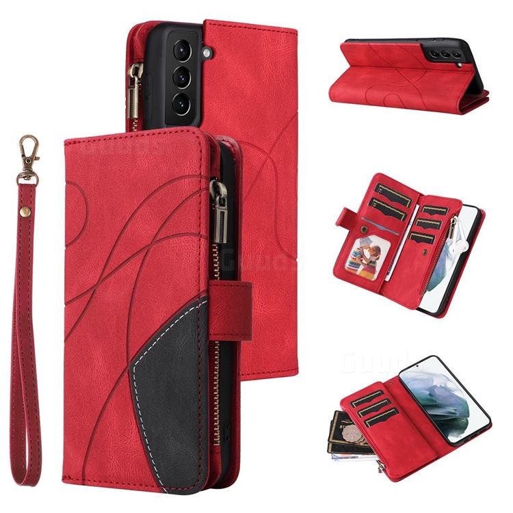 Luxury Two-color Stitching Multi-function Zipper Leather Wallet Case Cover for Samsung Galaxy S21 Plus - Red