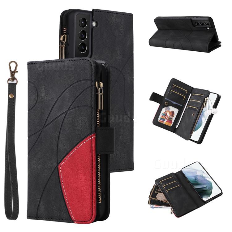 Luxury Two-color Stitching Multi-function Zipper Leather Wallet Case Cover for Samsung Galaxy S21 Plus - Black