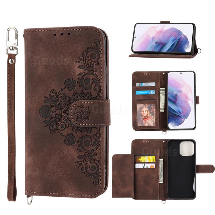 Skin Feel Embossed Lace Flower Multiple Card Slots Leather Wallet Phone Case for Samsung Galaxy S21 Plus - Brown