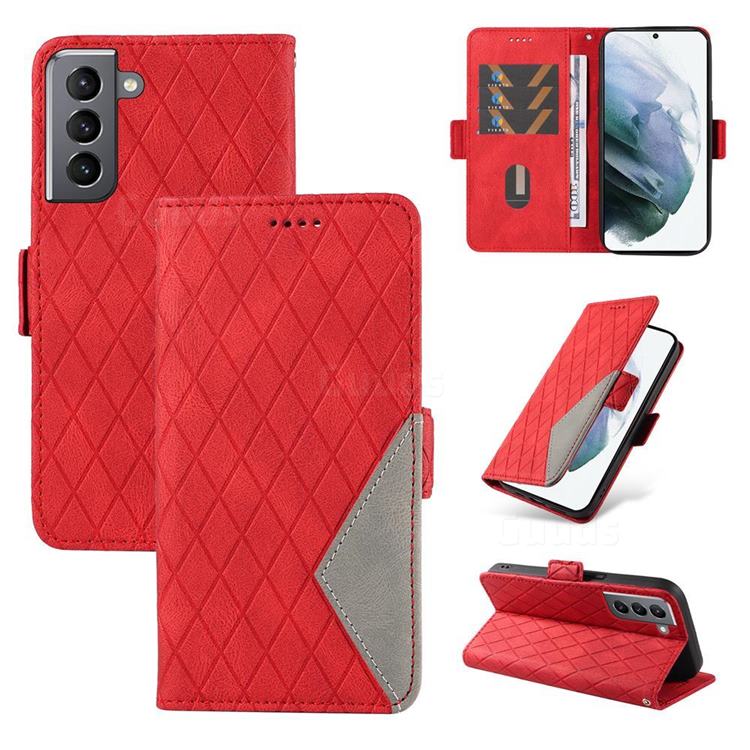 Grid Pattern Splicing Protective Wallet Case Cover for Samsung Galaxy S21 Plus - Red