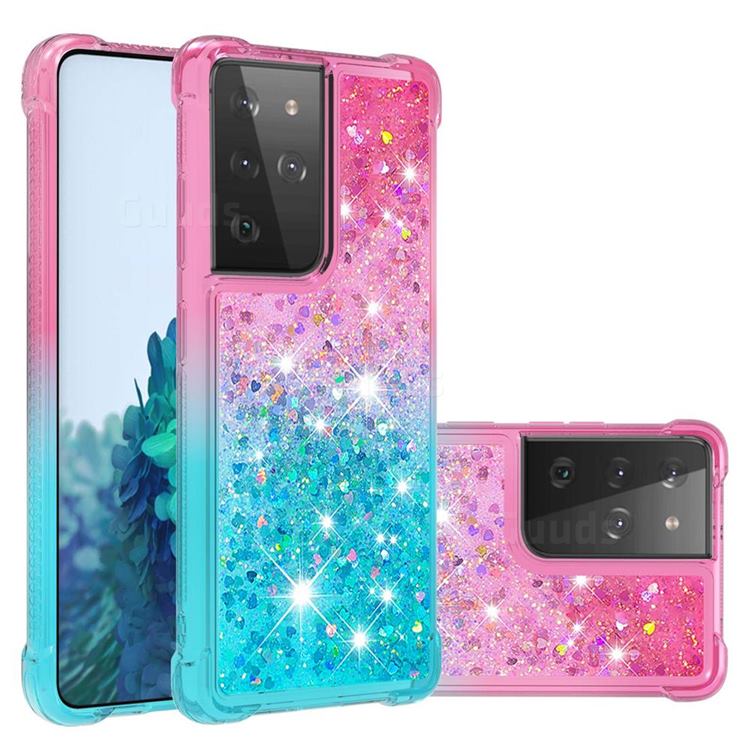 Rainbow Gradient Liquid Glitter Quicksand Sequins Phone Case for Samsung Galaxy S21 Ultra - Pink Blue