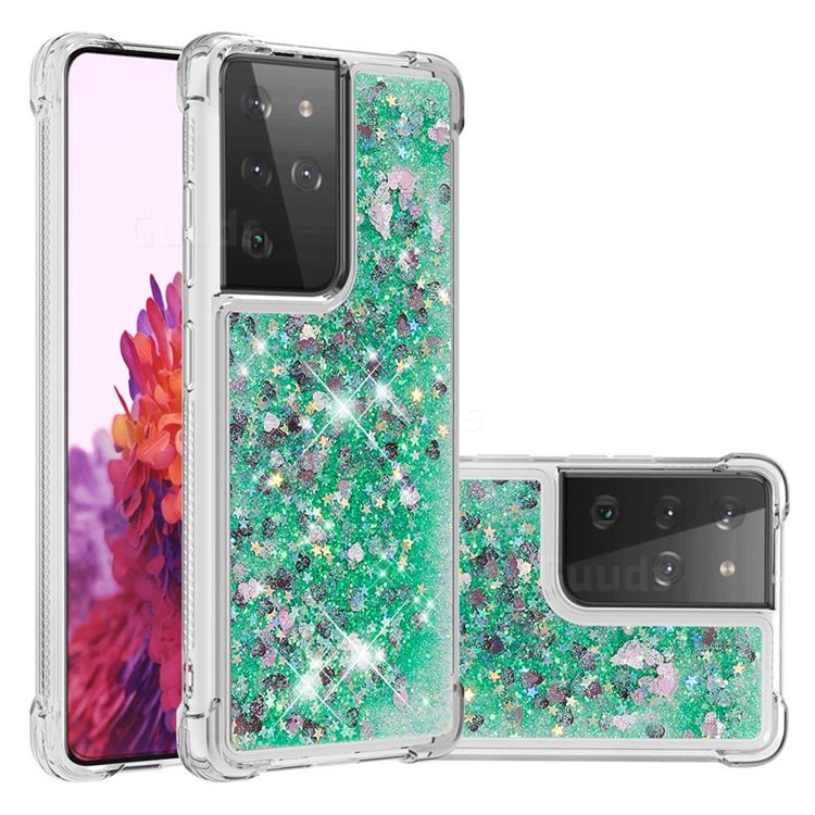 Dynamic Liquid Glitter Sand Quicksand TPU Case for Samsung Galaxy S21 Ultra - Green Love Heart
