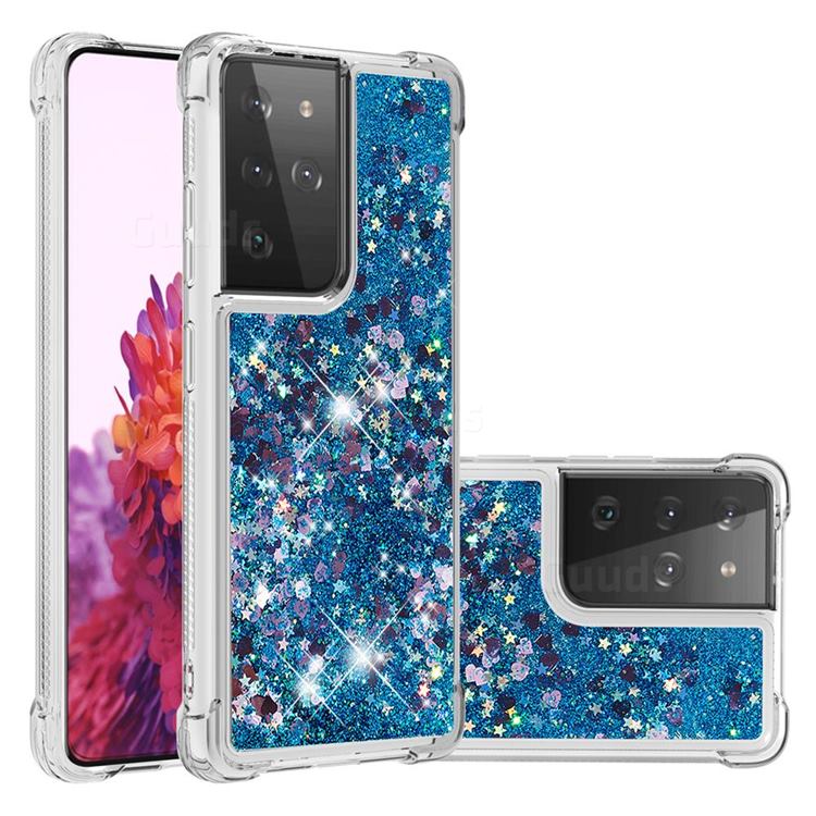 Dynamic Liquid Glitter Sand Quicksand TPU Case for Samsung Galaxy S21 Ultra - Blue Love Heart