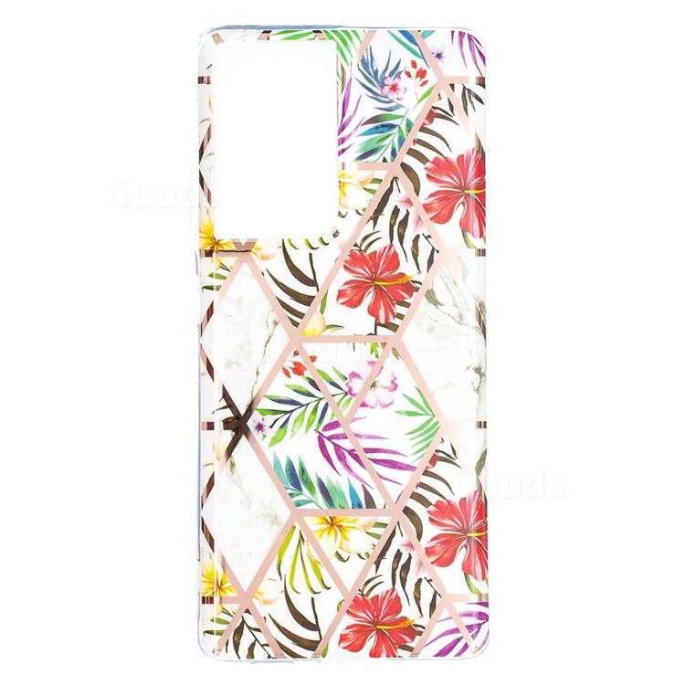 Tropical Rainforest Flower Painted Marble Electroplating Protective Case for Samsung Galaxy S21 Ultra