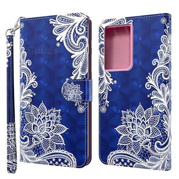 White Lace 3D Painted Leather Wallet Case for Samsung Galaxy S21 Ultra / S30 Ultra