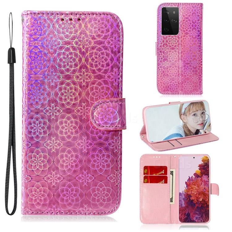 Laser Circle Shining Leather Wallet Phone Case for Samsung Galaxy S21 Ultra / S30 Ultra - Pink
