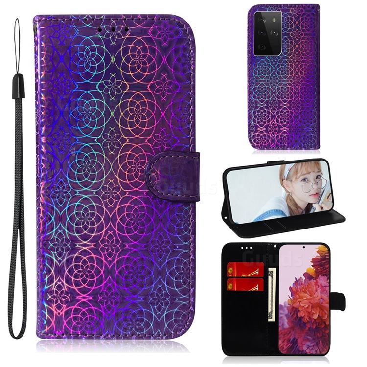 Laser Circle Shining Leather Wallet Phone Case for Samsung Galaxy S21 Ultra / S30 Ultra - Purple
