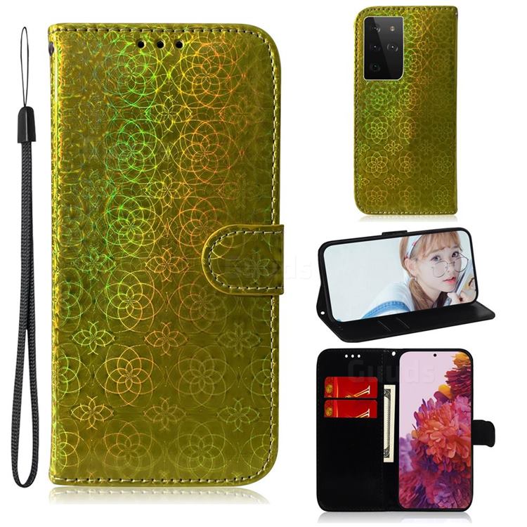 Laser Circle Shining Leather Wallet Phone Case for Samsung Galaxy S21 Ultra / S30 Ultra - Golden