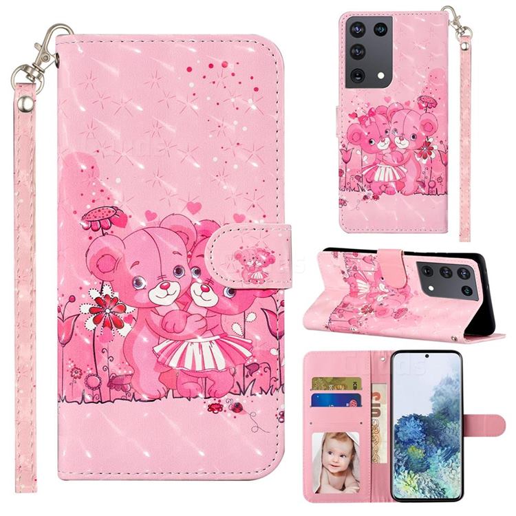 Pink Bear 3D Leather Phone Holster Wallet Case for Samsung Galaxy S21 Ultra / S30 Ultra