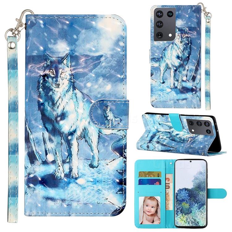 Snow Wolf 3D Leather Phone Holster Wallet Case for Samsung Galaxy S21 Ultra / S30 Ultra