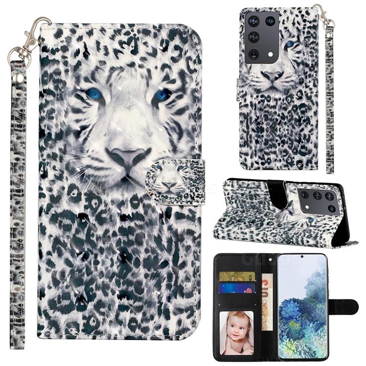 White Leopard 3D Leather Phone Holster Wallet Case for Samsung Galaxy S21 Ultra / S30 Ultra