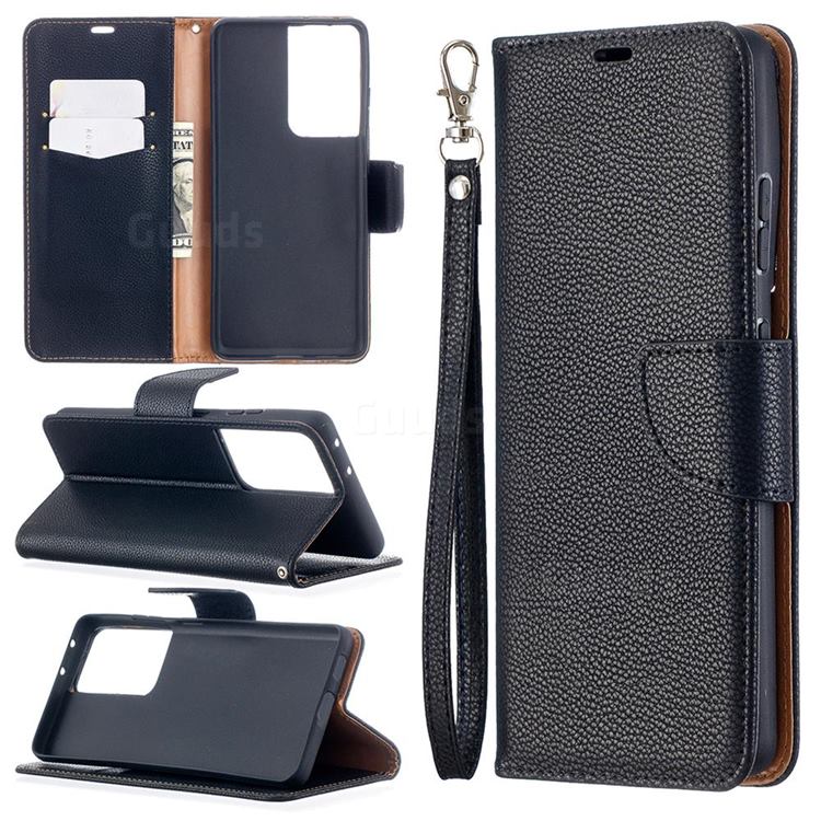 Classic Luxury Litchi Leather Phone Wallet Case for Samsung Galaxy S21 Ultra / S30 Ultra - Black