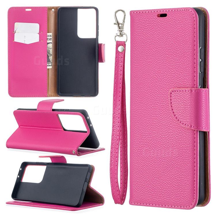 Classic Luxury Litchi Leather Phone Wallet Case for Samsung Galaxy S21 Ultra / S30 Ultra - Rose