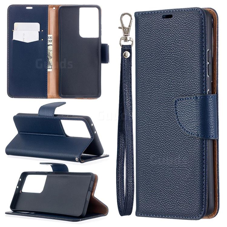 Classic Luxury Litchi Leather Phone Wallet Case for Samsung Galaxy S21 Ultra / S30 Ultra - Blue