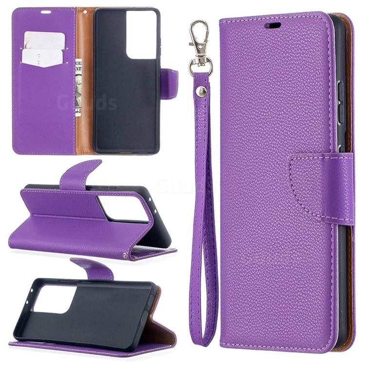Classic Luxury Litchi Leather Phone Wallet Case for Samsung Galaxy S21 Ultra / S30 Ultra - Purple