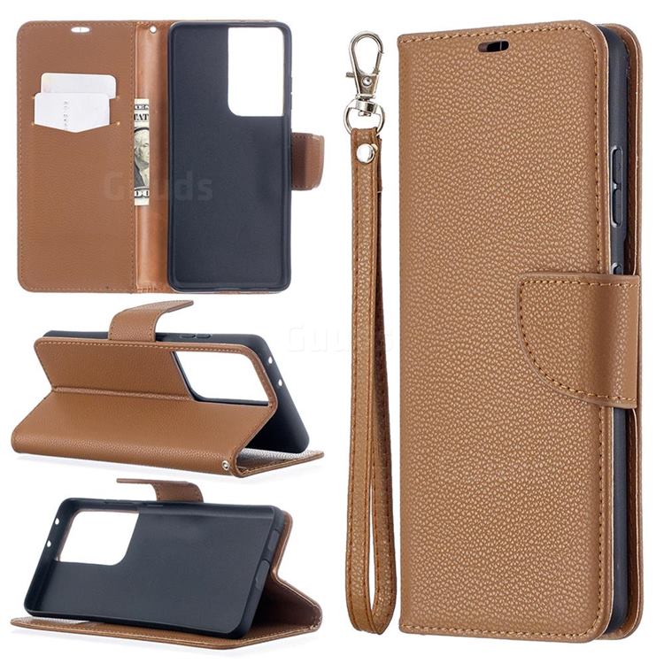 Classic Luxury Litchi Leather Phone Wallet Case for Samsung Galaxy S21 Ultra / S30 Ultra - Brown