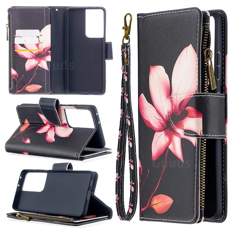 Lotus Flower Binfen Color BF03 Retro Zipper Leather Wallet Phone Case for Samsung Galaxy S21 Ultra / S30 Ultra